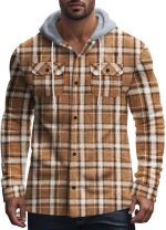 Men's Flannel Hoodie Shirts Long Sleeve Button Down Plaid Shirt Casual Loose Fit Fashion Shacket Jacket with Pockets