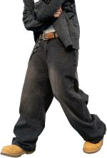men Baggy Hip Hop Jeans Wide Leg Skater Denim Pants Casual Loose Fit Long Trousers Streetwear