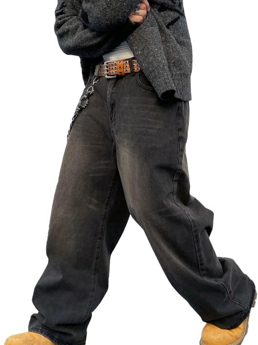 men Baggy Hip Hop Jeans Wide Leg Skater Denim Pants Casual Loose Fit Long Trousers Streetwear