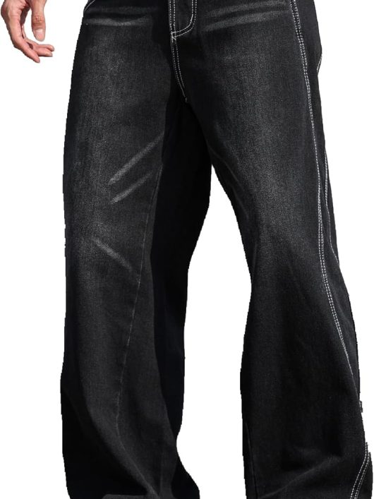 men Baggy Jeans Distressed Wide Leg Denim Pants Casual Loose Fit Trousers Streetwear