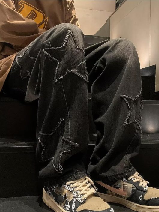 men Y2k Star Jeans High Waisted Hip Hop Streetwear Jeans Loose Baggy Embroidery Aesthetic Harajuku Denim Pants